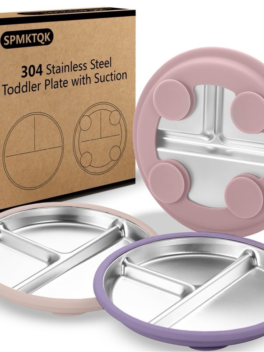 3 Stainless Steel Suction Toddler Plate - Pink & Purple